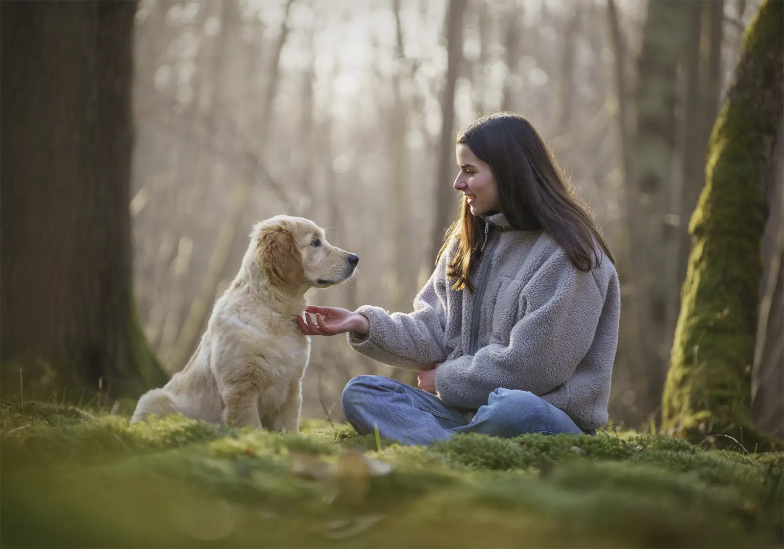 Shooting photo chiot golden retriever et sa maîtresse en forêt. Photographe animalier à Pontault-Combault proche de Paris. Photographe chien